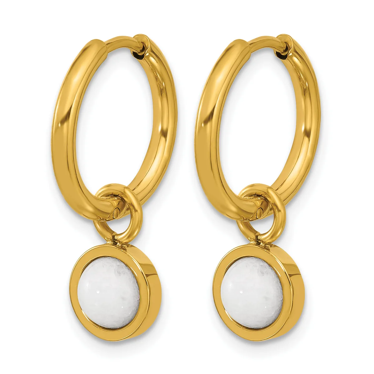 A pair of gold hoop earrings with oval white stone pendants hanging from the bottom of each hoop.