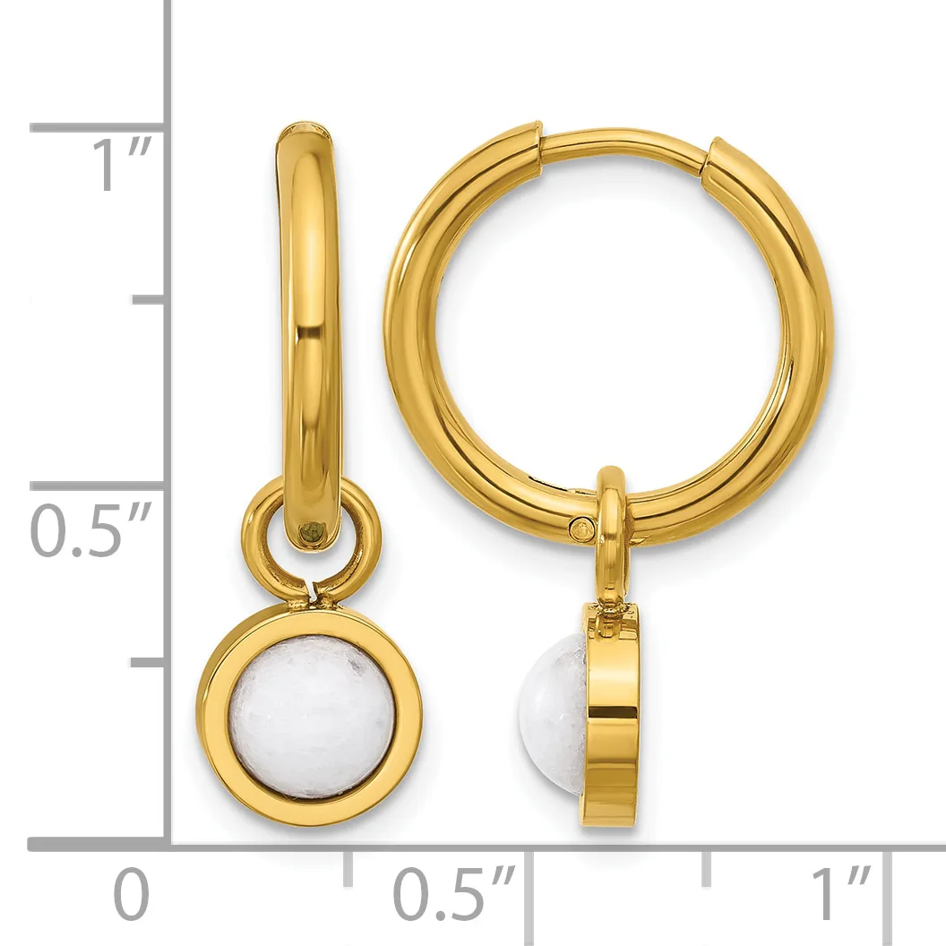 Gold-tone hoop earrings with dangling white pearl charms, displayed next to a measurement ruler showing approximately one inch in length.