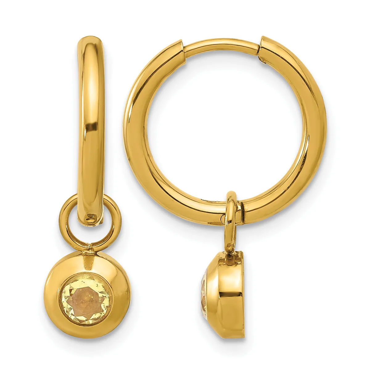 A pair of gold hoop earrings with hinged closures, one featuring a small round citrine or champagne-colored gemstone charm hanging from the hoop.