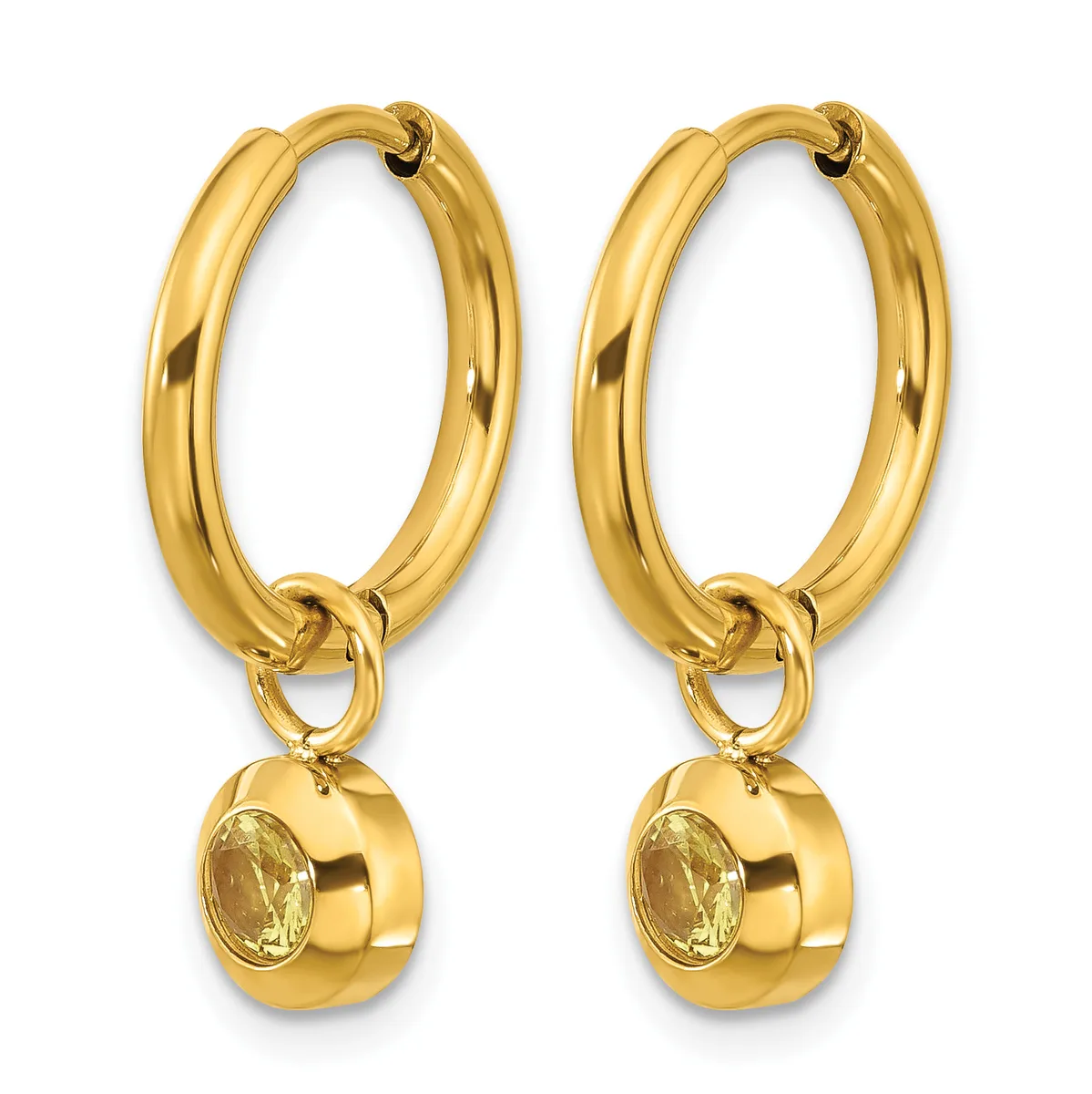 A pair of gold hoop earrings with polished finish and small spherical charms set with oval-cut yellow gemstones hanging from the bottom.