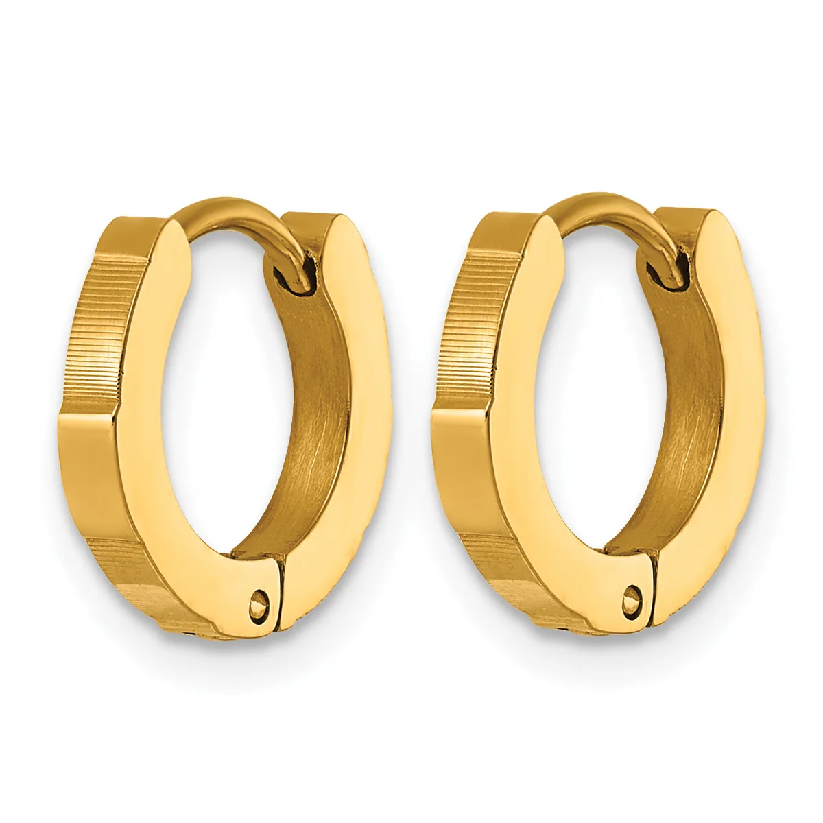 A pair of polished gold-colored hoop earrings with a squared oval shape and a small hinge closure on each earring.
