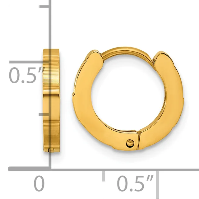A pair of gold-colored hinged hoop earrings with a polished finish, shown next to a measurement ruler indicating approximately 0.5 inches in width and depth.