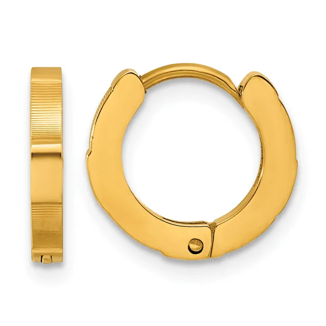 Pair of gold-colored hoop earrings shown from the front and side, featuring a polished finish and hinged closure with small posts.