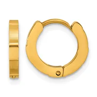 Pair of gold-colored hoop earrings shown from the front and side, featuring a polished finish and hinged closure with small posts.