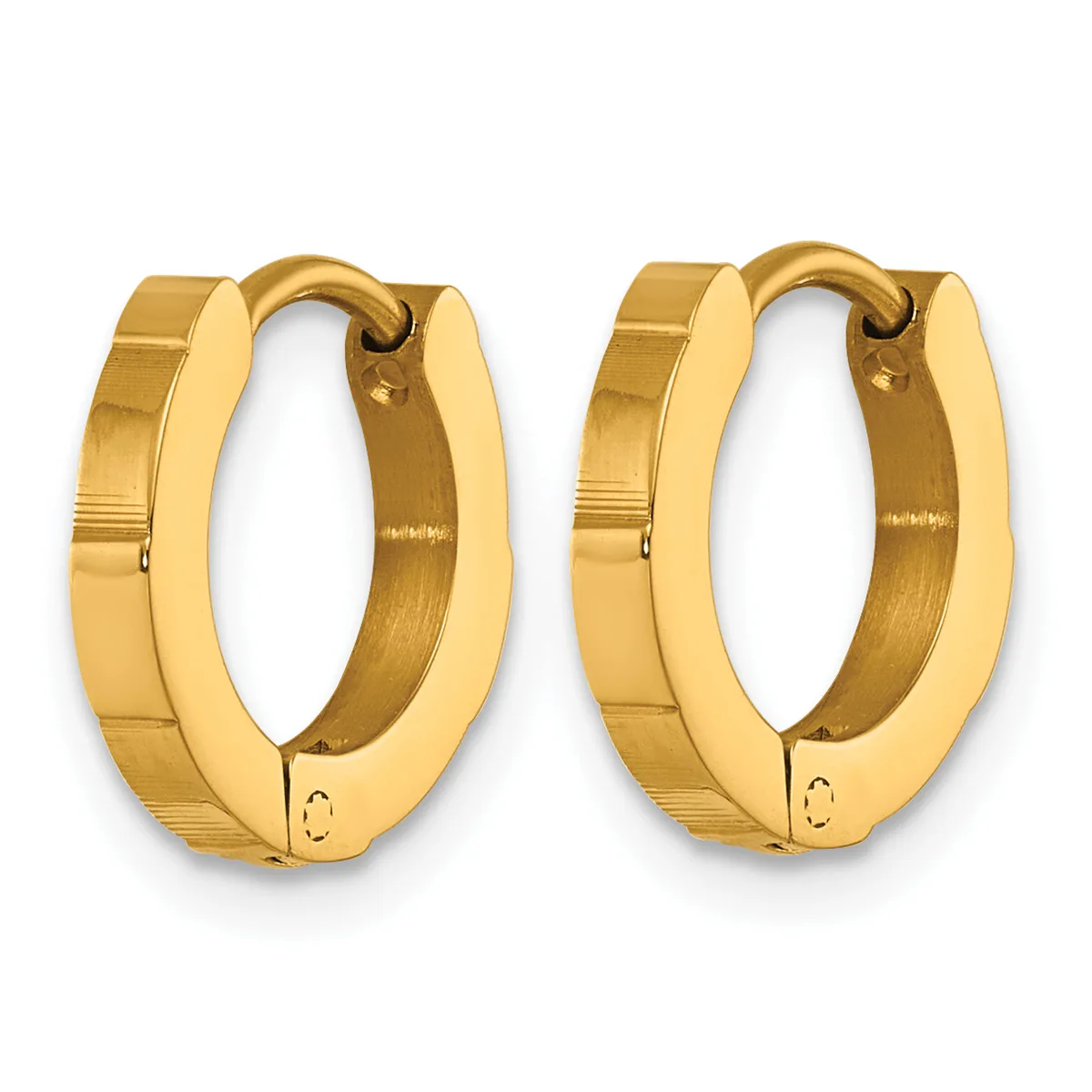 A pair of polished gold-colored hoop earrings with a hinged clasp closure, displayed against a white background.