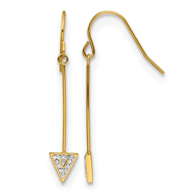 A pair of gold earrings with long straight posts, one featuring a triangular pendant set with clear crystals and the other plain, displayed against a white background.