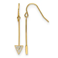 A pair of gold earrings with long straight posts, one featuring a triangular pendant set with clear crystals and the other plain, displayed against a white background.