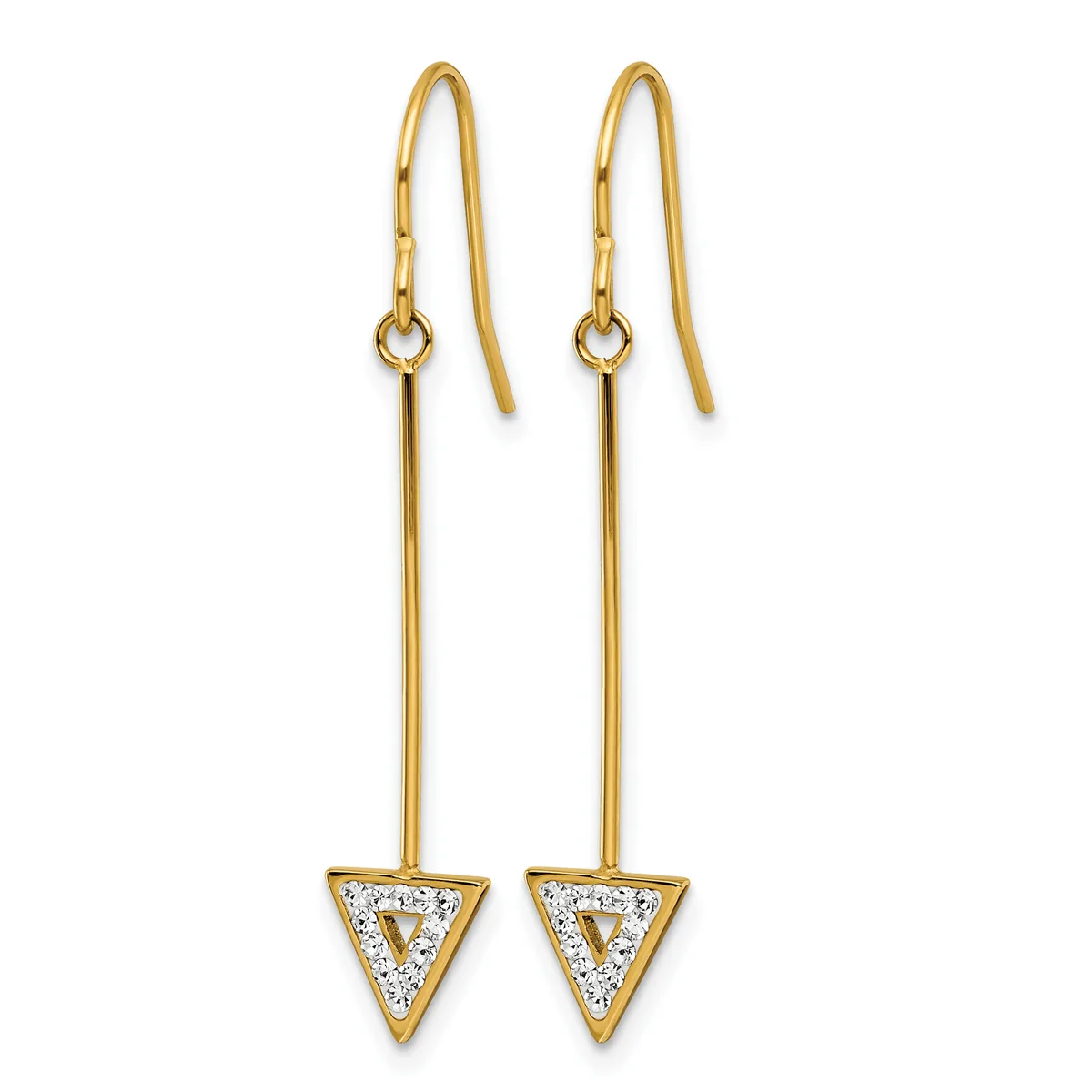 Pair of gold drop earrings with long thin chains and inverted triangle pendants set with clear crystals, displayed against a white background.