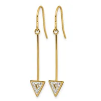 Pair of gold drop earrings with long thin chains and inverted triangle pendants set with clear crystals, displayed against a white background.