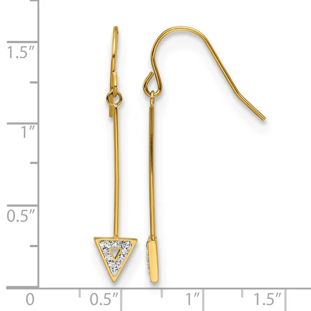 Pair of gold-tone earrings with long straight stems and curved hooks, one featuring a triangular pendant set with small crystals, shown against a measurement scale.