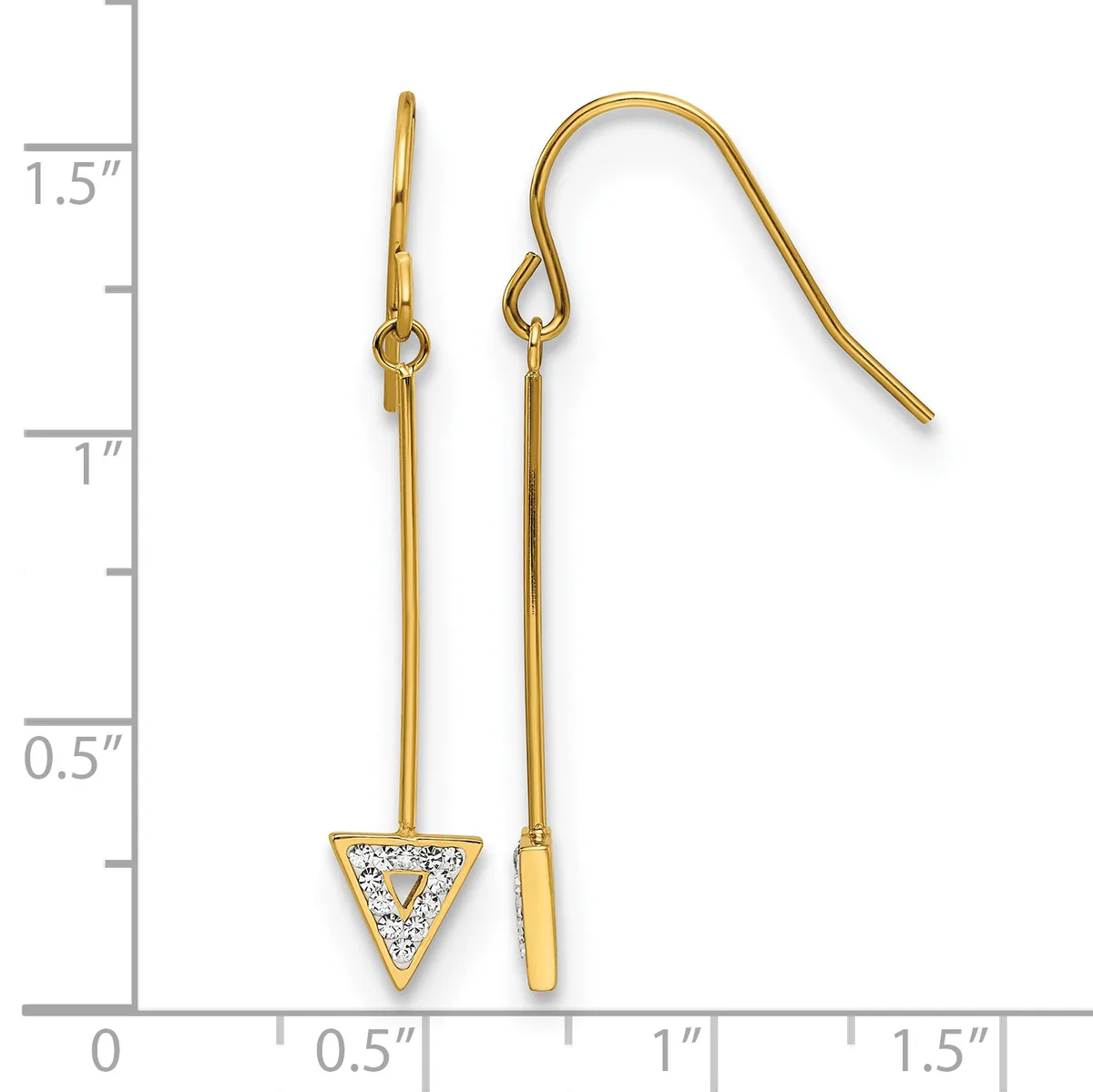 Pair of gold-tone earrings with long straight stems and curved hooks, one featuring a triangular pendant set with small crystals, shown against a measurement scale.