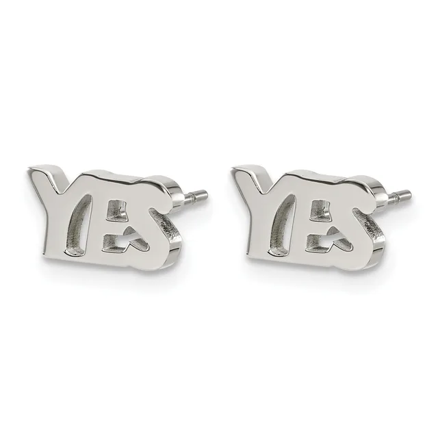 A pair of silver stud earrings shaped like the letters "YB" with small posts and backs, displayed against a white background.