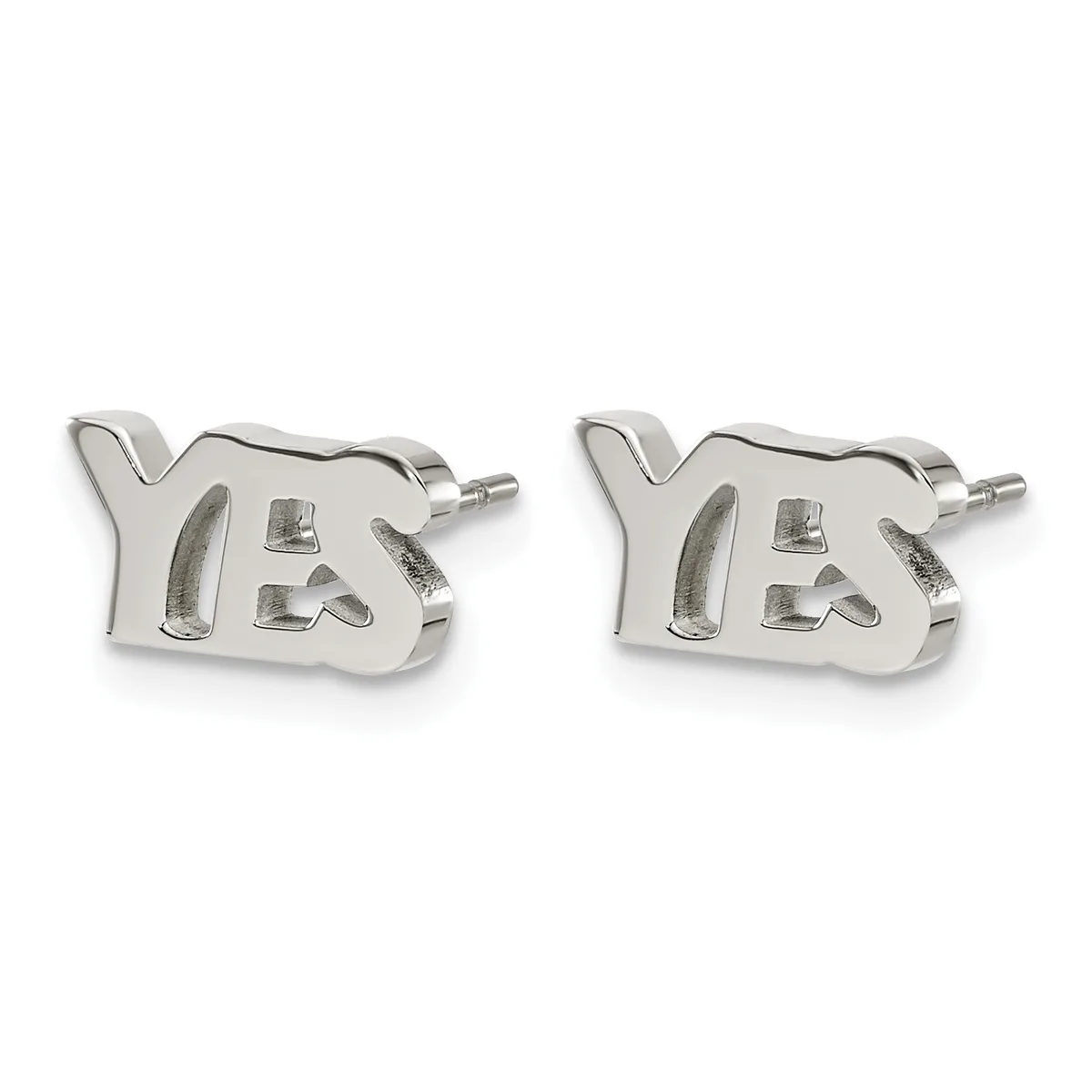 A pair of silver stud earrings shaped like the letters "YB" with small posts and backs, displayed against a white background.