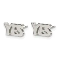 A pair of silver stud earrings shaped like the letters "YB" with small posts and backs, displayed against a white background.