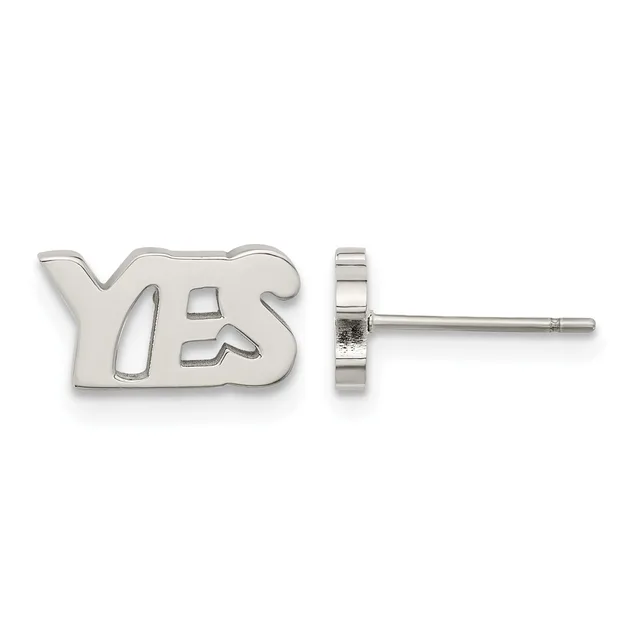 Pair of silver stud earrings shaped like the word "YES" shown from front and side views.