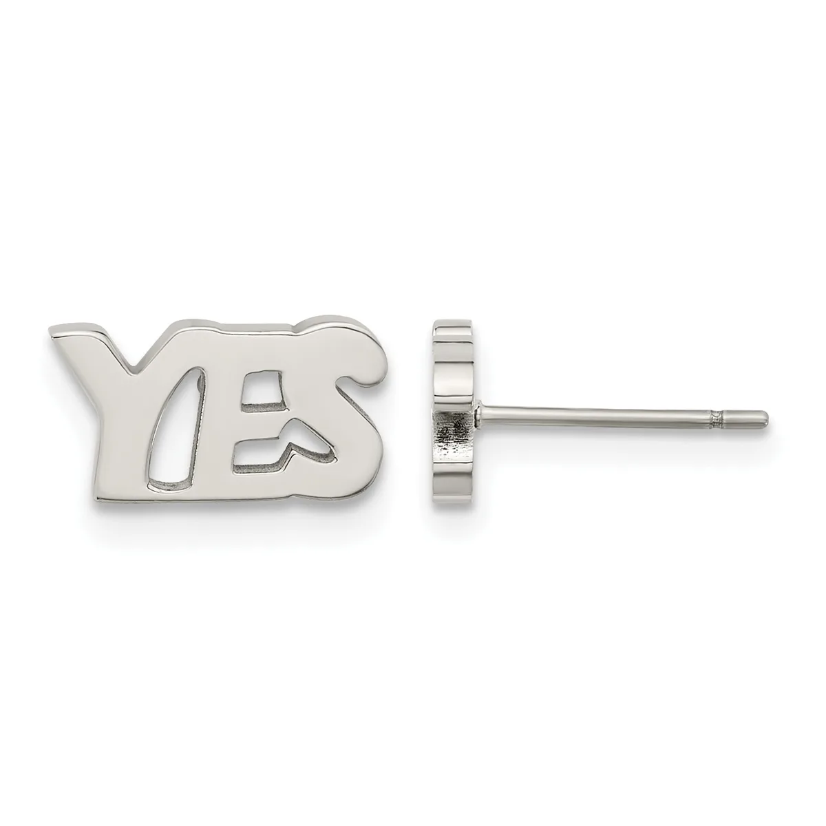 Pair of silver stud earrings shaped like the word "YES" shown from front and side views.