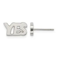 Pair of silver stud earrings shaped like the word "YES" shown from front and side views.