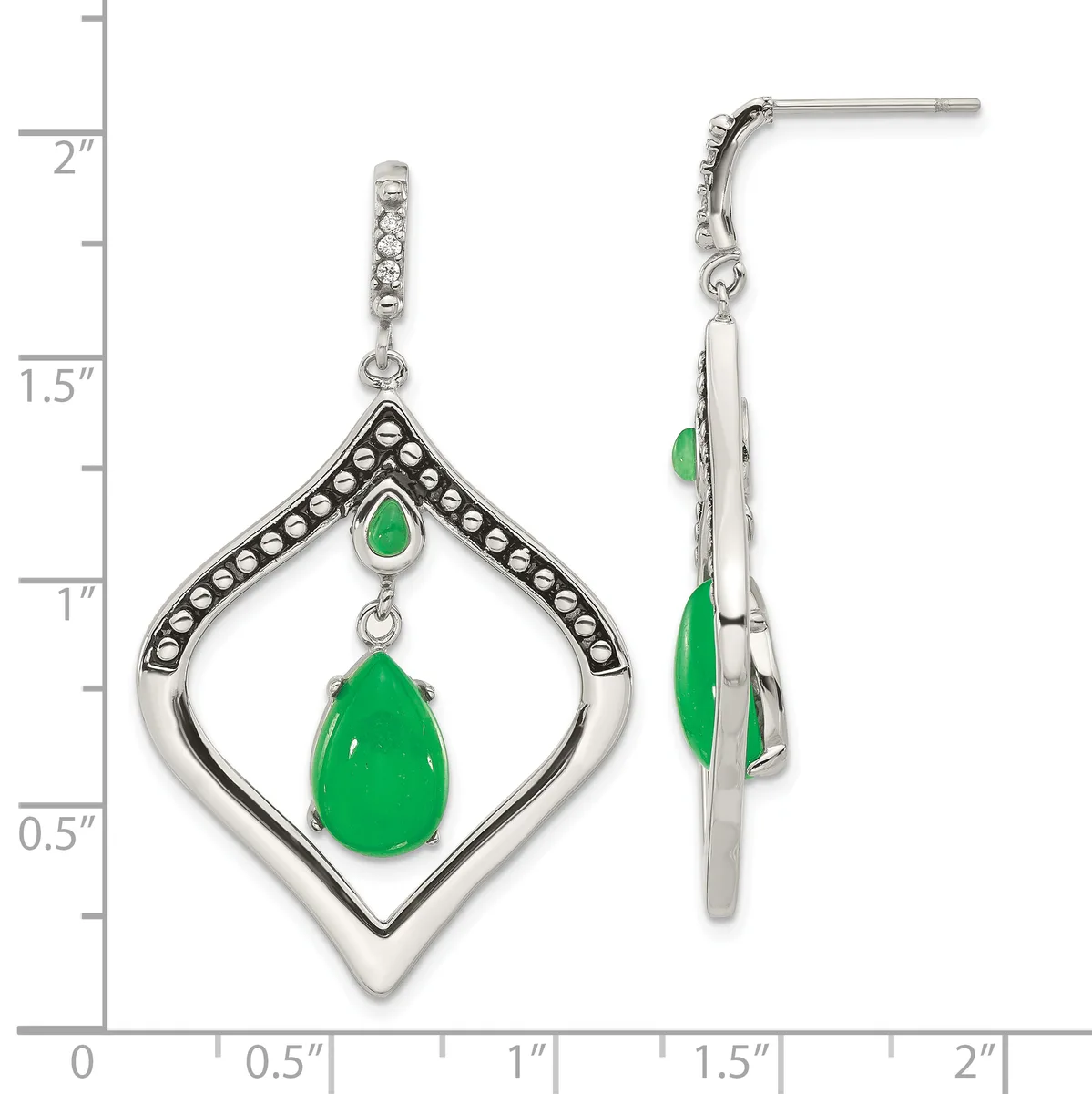Silver teardrop earrings with beaded borders and dangling green jade stones, shown front and side view against a measurement scale.