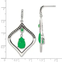 Silver teardrop earrings with beaded borders and dangling green jade stones, shown front and side view against a measurement scale.