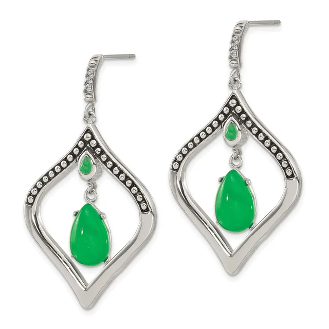 A pair of silver drop earrings with diamond-shaped frames set with small round stones, each suspending a smaller teardrop-shaped green stone above a larger matching green teardrop stone.