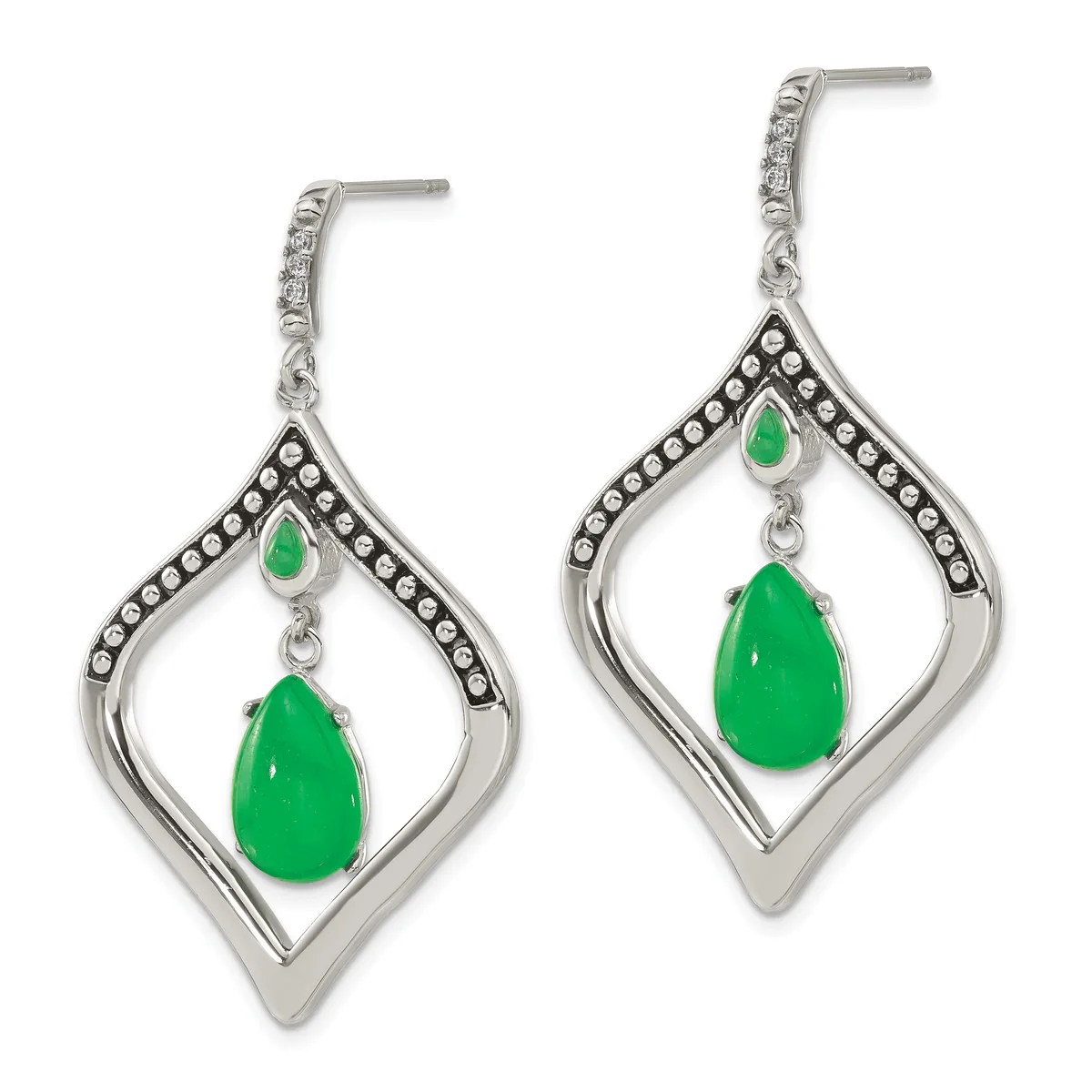 A pair of silver drop earrings with diamond-shaped frames set with small round stones, each suspending a smaller teardrop-shaped green stone above a larger matching green teardrop stone.