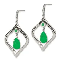 A pair of silver drop earrings with diamond-shaped frames set with small round stones, each suspending a smaller teardrop-shaped green stone above a larger matching green teardrop stone.