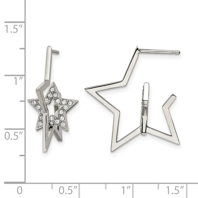 Two silver star earrings shown with measurement scale: left earring features a filled star with cubic zirconia stones and long post, right earring shows an open star outline design, both approximately one inch in length.