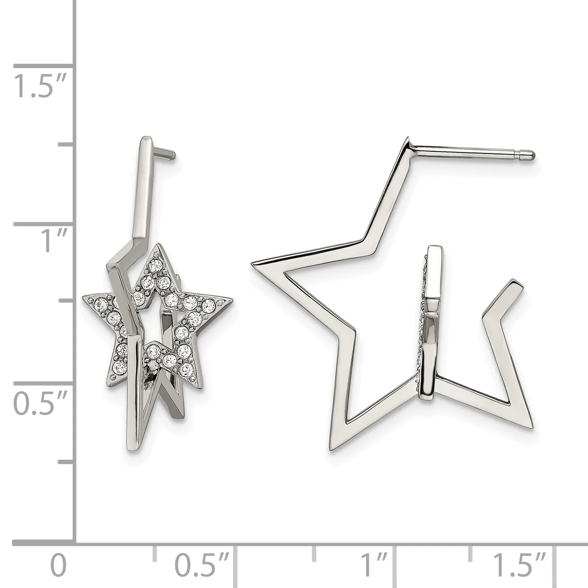 Two silver star earrings shown with measurement scale: left earring features a filled star with cubic zirconia stones and long post, right earring shows an open star outline design, both approximately one inch in length.