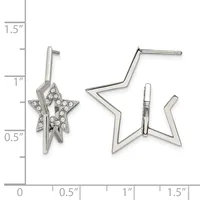 Two silver star earrings shown with measurement scale: left earring features a filled star with cubic zirconia stones and long post, right earring shows an open star outline design, both approximately one inch in length.