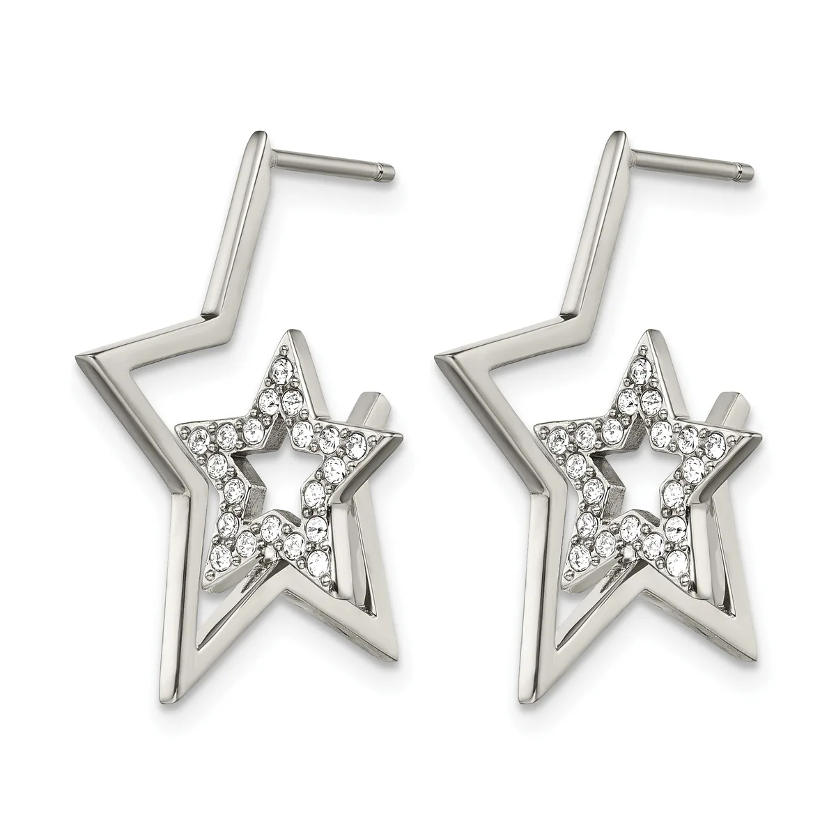 Pair of silver star-shaped drop earrings with crystal rhinestone accents and post backs, shown from the front.