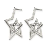 Pair of silver star-shaped drop earrings with crystal rhinestone accents and post backs, shown from the front.