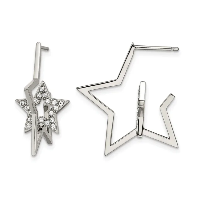 Pair of silver star earrings with posts, one featuring crystal embellishments on the star face and the other with a hollow outline design.