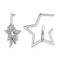 Pair of silver star earrings with posts, one featuring crystal embellishments on the star face and the other with a hollow outline design.