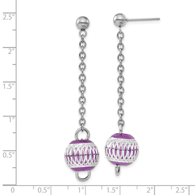 Pair of silver stud earrings with chain drops and purple striped spherical beads, displayed against a measurement scale showing approximately two inches in length.