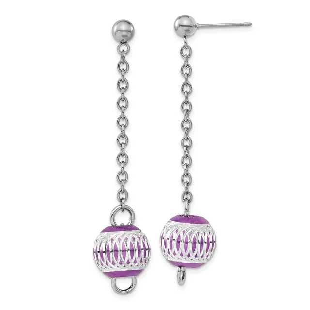 Pair of silver-tone dangle earrings with chain drops and purple beaded ball charms featuring a woven metallic pattern.