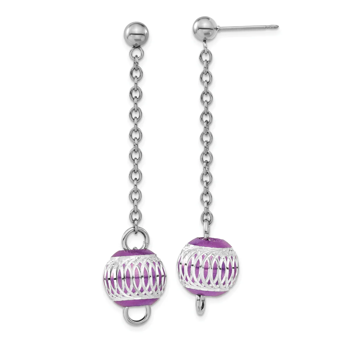 Pair of silver-tone dangle earrings with chain drops and purple beaded ball charms featuring a woven metallic pattern.