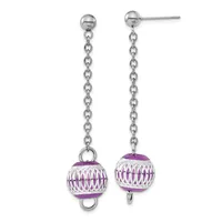 Pair of silver-tone dangle earrings with chain drops and purple beaded ball charms featuring a woven metallic pattern.