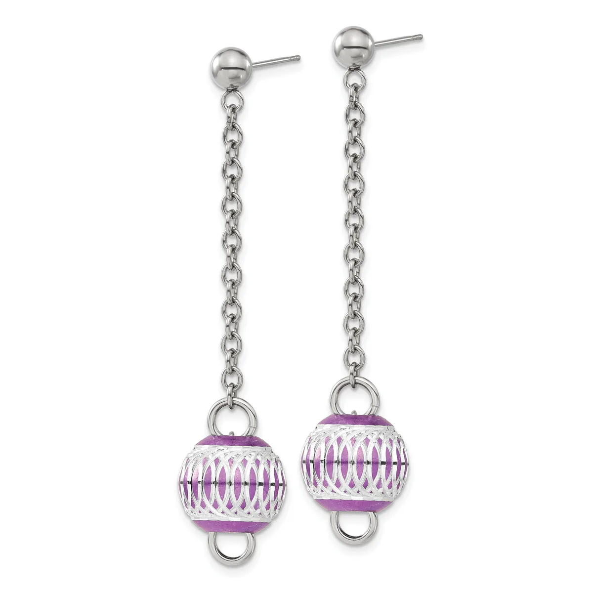 Pair of silver-tone dangle earrings with ball studs connected to long chain links suspending purple ridged spherical pendants with small rings at the bottom.