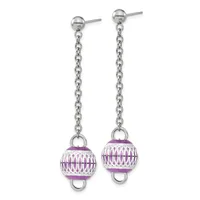 Pair of silver-tone dangle earrings with ball studs connected to long chain links suspending purple ridged spherical pendants with small rings at the bottom.
