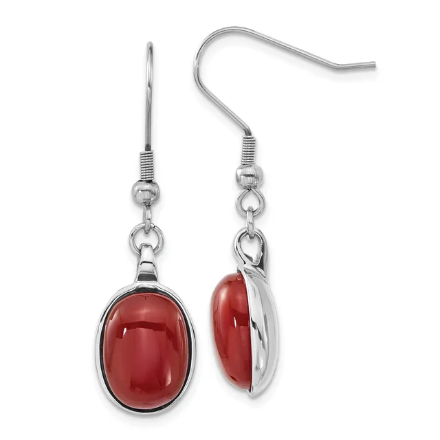 A pair of silver-toned earrings with red cabochon stones in oval bezels, shown from front and side views with French wire hooks.