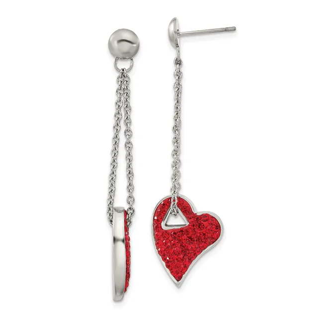 A pair of sterling silver dangle earrings with ball studs, one featuring a plain polished bar and the other a red glitter-filled heart with a triangular cutout, connected by delicate chain links.