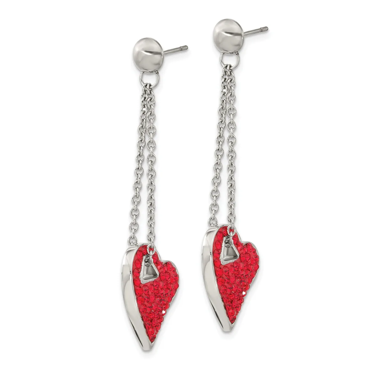 Pair of silver dangle earrings with ball studs, featuring long chains suspending red glitter heart charms with silver accents.