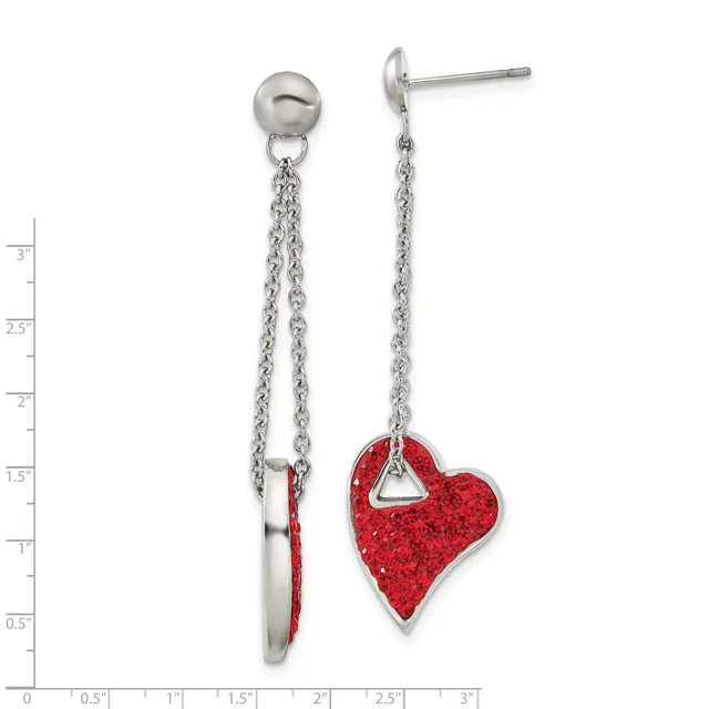 A pair of stainless steel drop earrings with ball posts, each featuring a delicate chain suspending a red glittery heart charm with a triangular cutout.