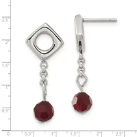 Pair of silver-toned drop earrings with square frames, chain links, and faceted red gemstone beads, shown against a measurement scale.