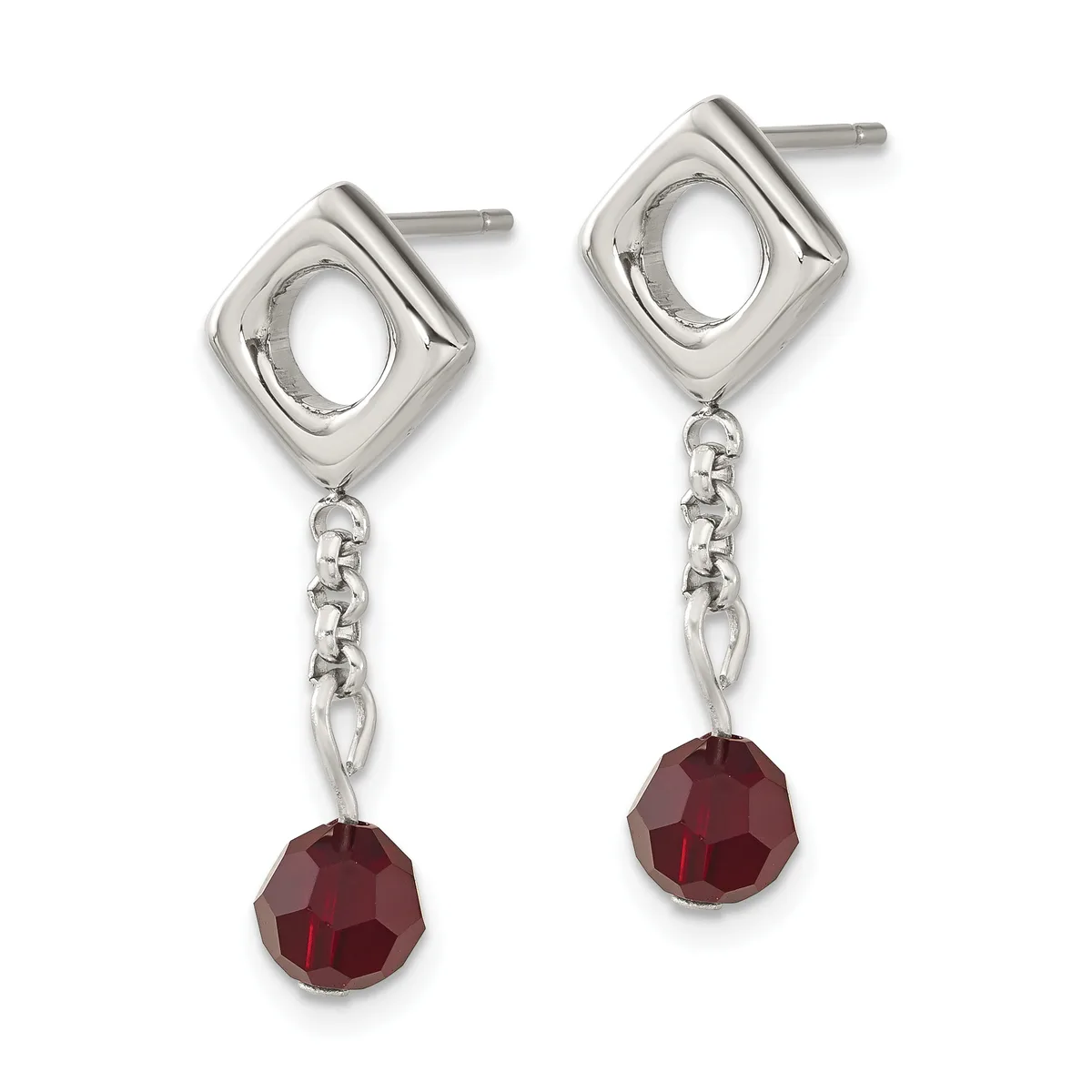 Pair of silver drop earrings with square frames featuring oval cutouts, chain links, and faceted red gemstone drops.