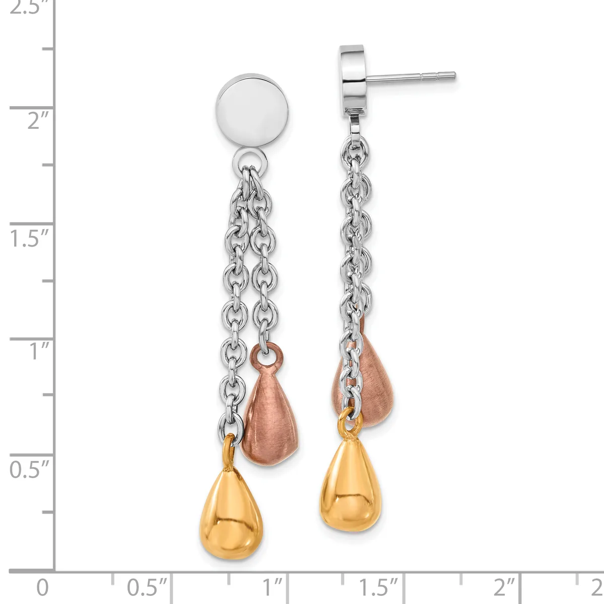 Two-tone teardrop earrings with silver posts and chains, featuring rose gold and gold-plated drop charms, displayed against a measurement scale.