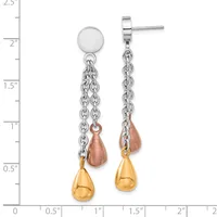 Two-tone teardrop earrings with silver posts and chains, featuring rose gold and gold-plated drop charms, displayed against a measurement scale.