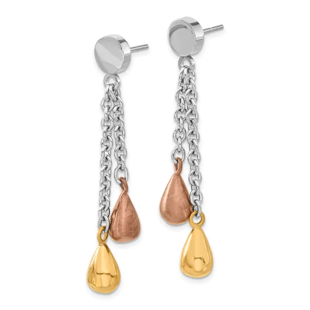 Pair of dangle earrings with silver post studs, silver chain links, and teardrop charms in rose gold and yellow gold finishes.