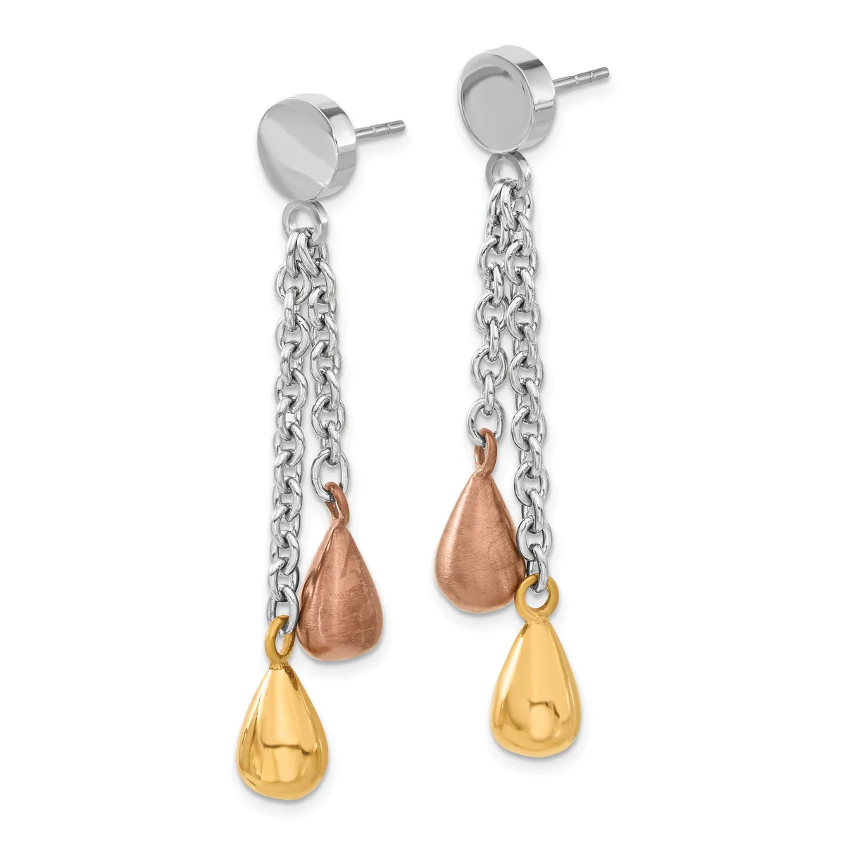 Pair of dangle earrings with silver post studs, silver chain links, and teardrop charms in rose gold and yellow gold finishes.