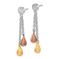Pair of dangle earrings with silver post studs, silver chain links, and teardrop charms in rose gold and yellow gold finishes.